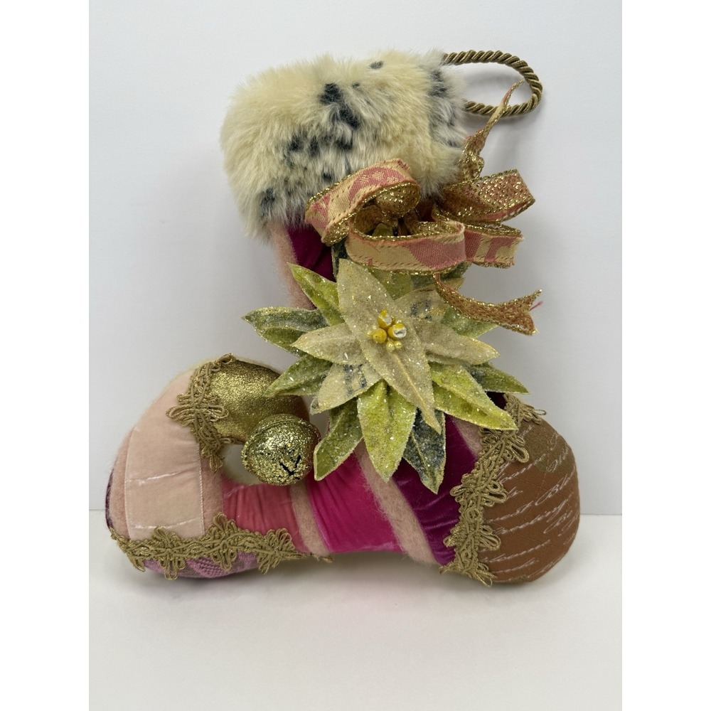 Lenae May Petite Whimsical Artisan Christmas Stocking Pink Wool Signed